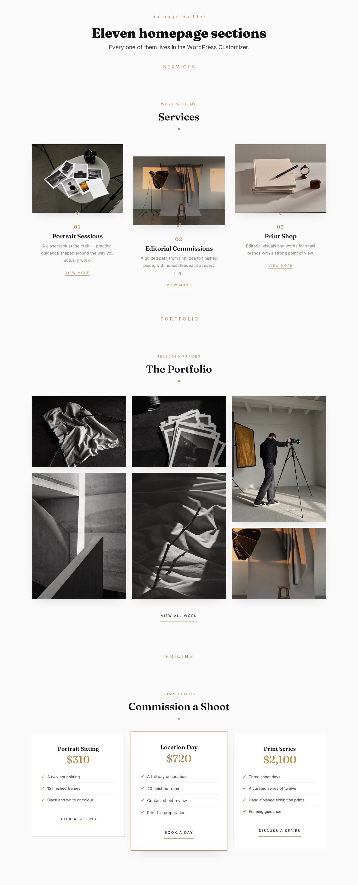 Framelle homepage sections