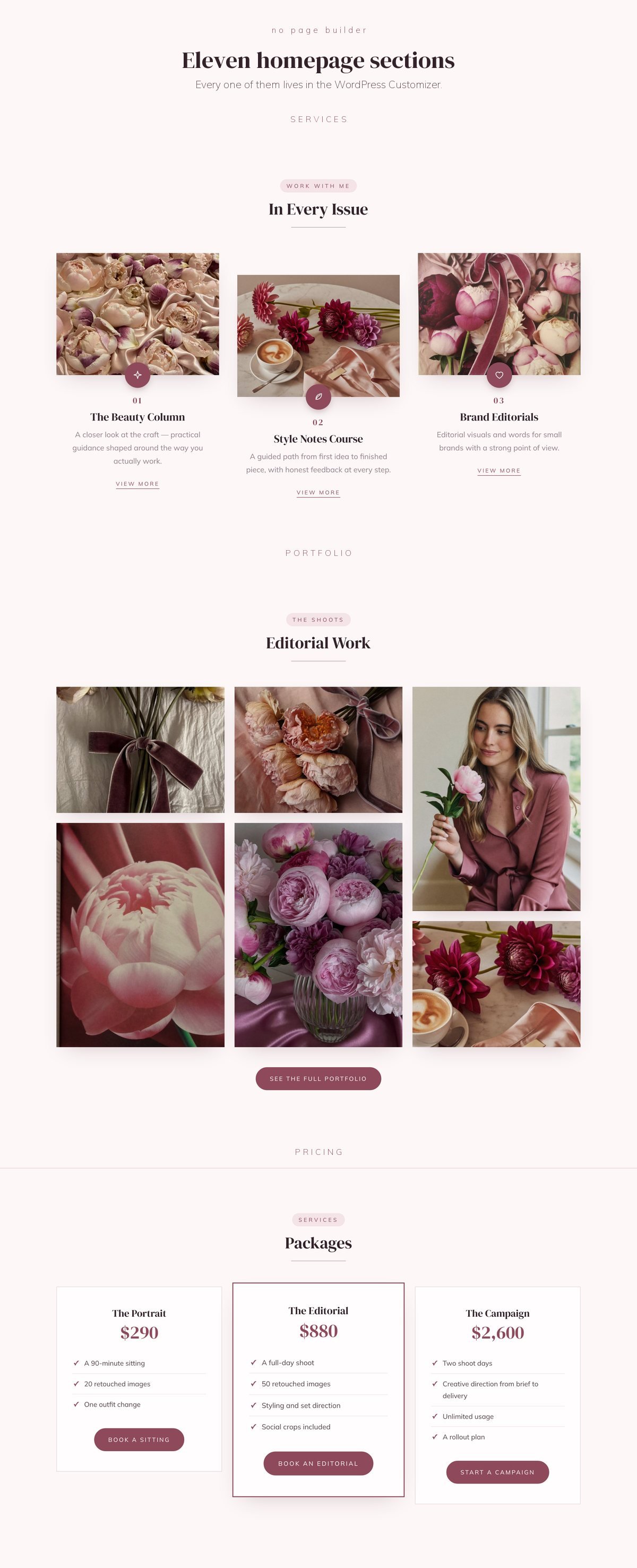 Vionette homepage sections